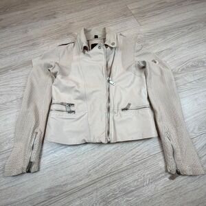 Mauritius Womens Cream 100% Lamb Leather Perforated Moto Biker‎ Jacket Size XS